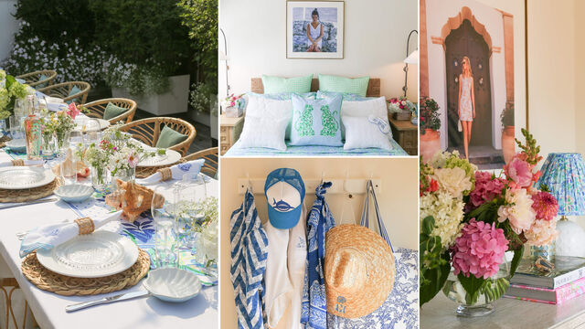 Collage of photos of colorful printed tablescapes and indoor decor